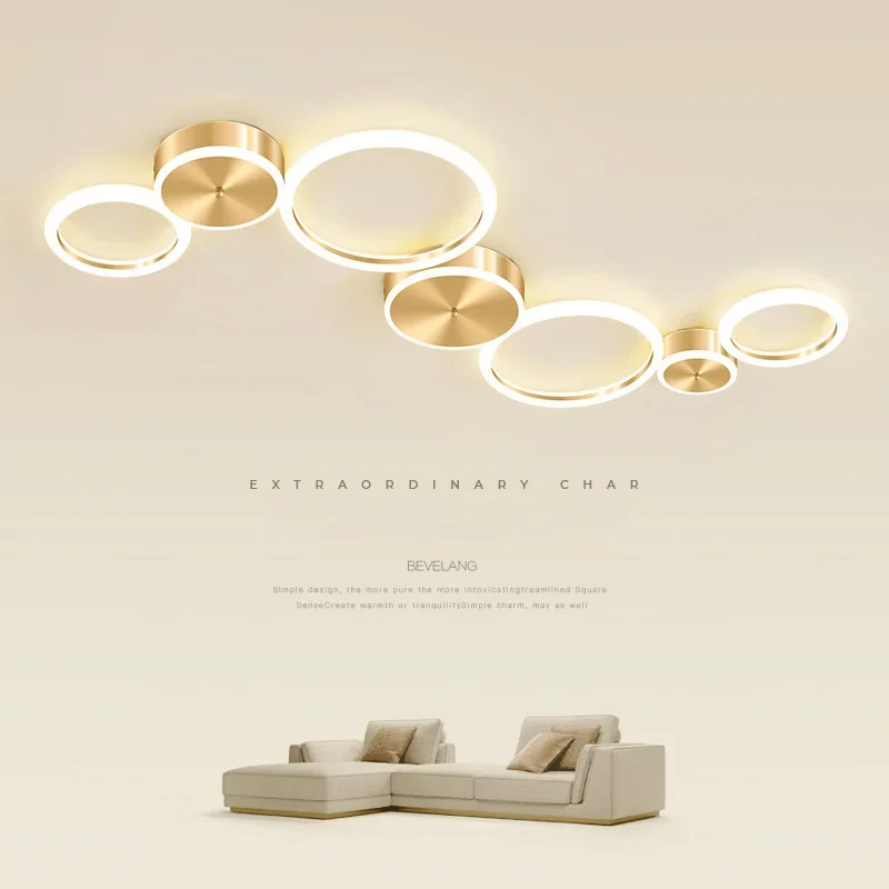 moderno simples led lampada do teto lustre para sala de estar sala de jantar quarto luxo circle rings golden iluminacao interior 01