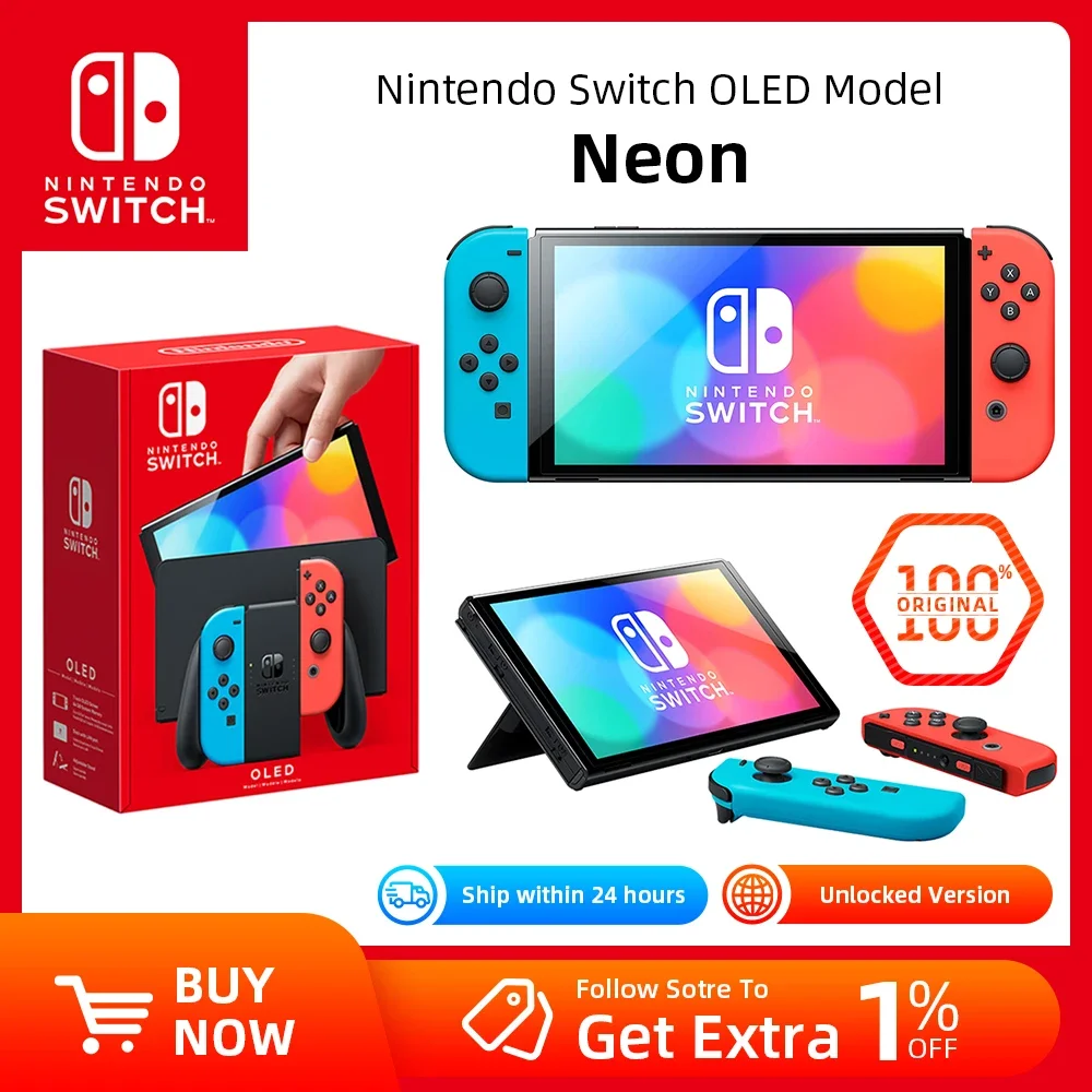 Nintendo Switch OLED Video game console with Joy Con 7 inch OLED screen TV Tabletop Handheld mode 64GB white and blue red set