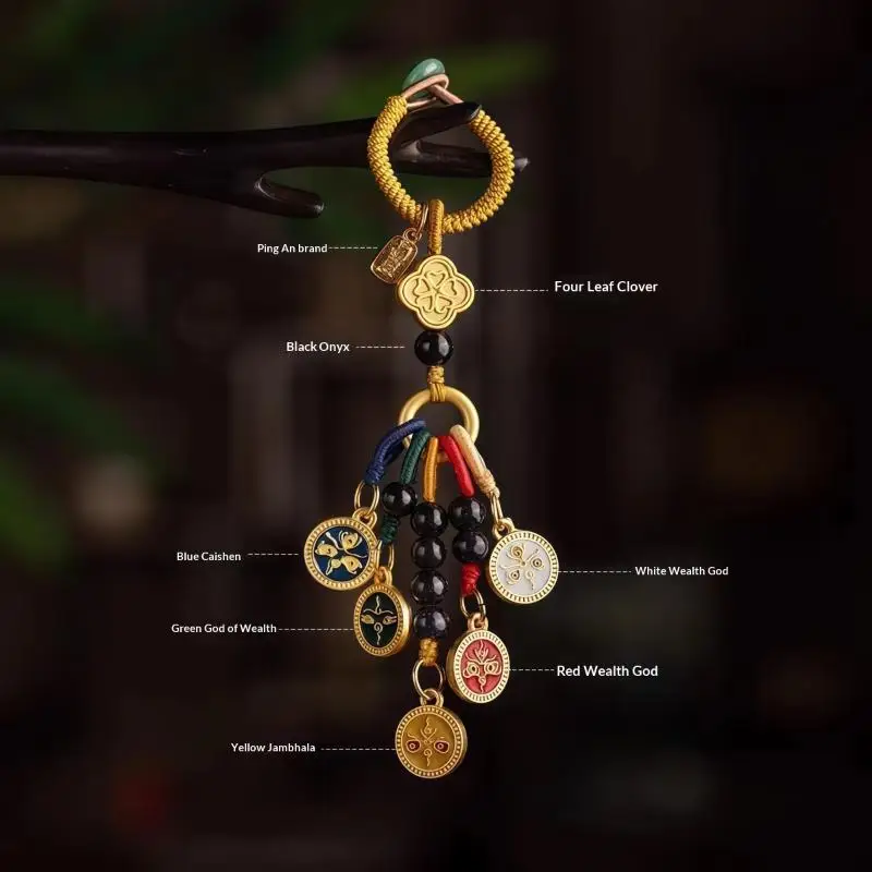 Handgefertigter chinesischer Thangka-Schlüsselanhänger mit den fünf Reichtumsgöttern, Glücksbringer für Autoschlüssel und Taschen, Schwarz – Detail 9