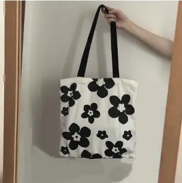 Black and White Hyuna Flower Fashion Versatile Canvas Bag Shoulder Bag Shopping Bag