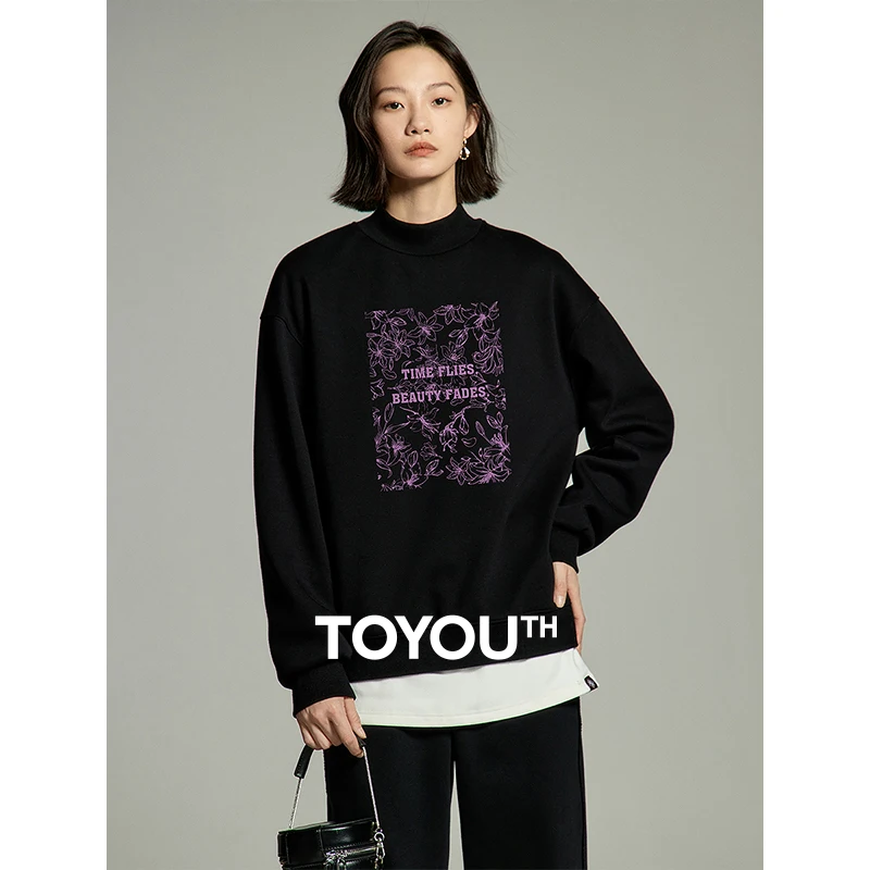 Toyouth Women Plush Sweatshirt 2023 Winter Long Sleeve Half High Collar Loose Hoodies Plant Floral Printing Casual Warm Tops