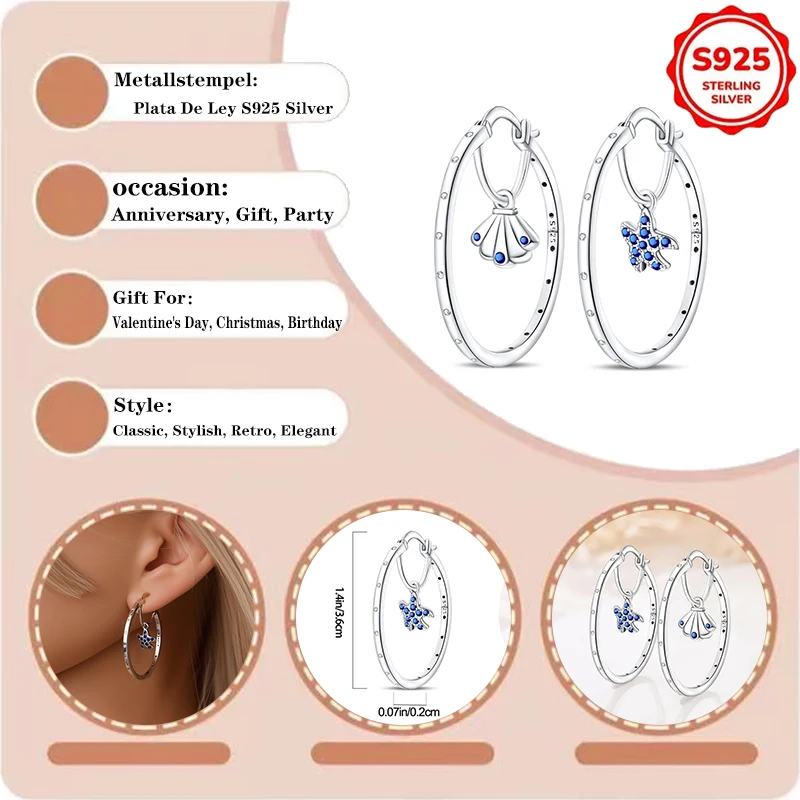 Pendientes Grandes de Plata de Ley 925 con Doble Aro y Diseño de Estrella de Mar y Concha, Originales, Modernos y Exquisitos para Mujer, Regalo de Joyería DIY