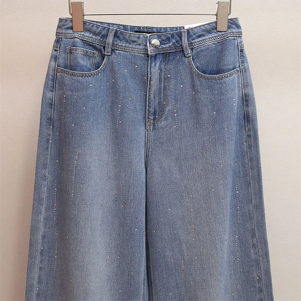 2025 Ropa de mujer Jeans, algodón puro, diamantes de imitación, corte holgado, cintura alta, pantalones de pierna ancha, nuevo sujetador de pantalones de alta calidad Y2K
