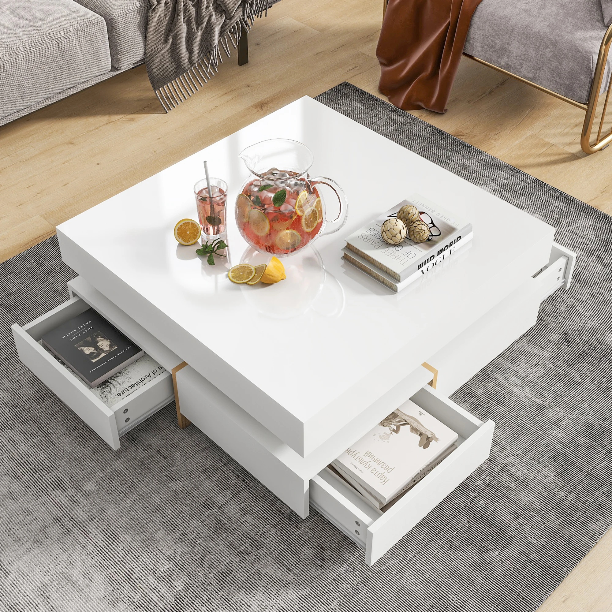 

Modern High Gloss Coffee Table, Multi-Storage Square Center Table with 4 Drawers and Wood Grain Legs for Living Room, Office