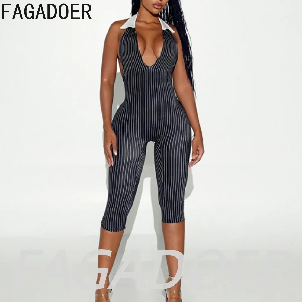 FAGADOER Fashion Vertical Striped Halter Rompers Sexy Deep V White Lapel Off Shoulder Bodycon Knee‑Length One Piece Jumpsuits