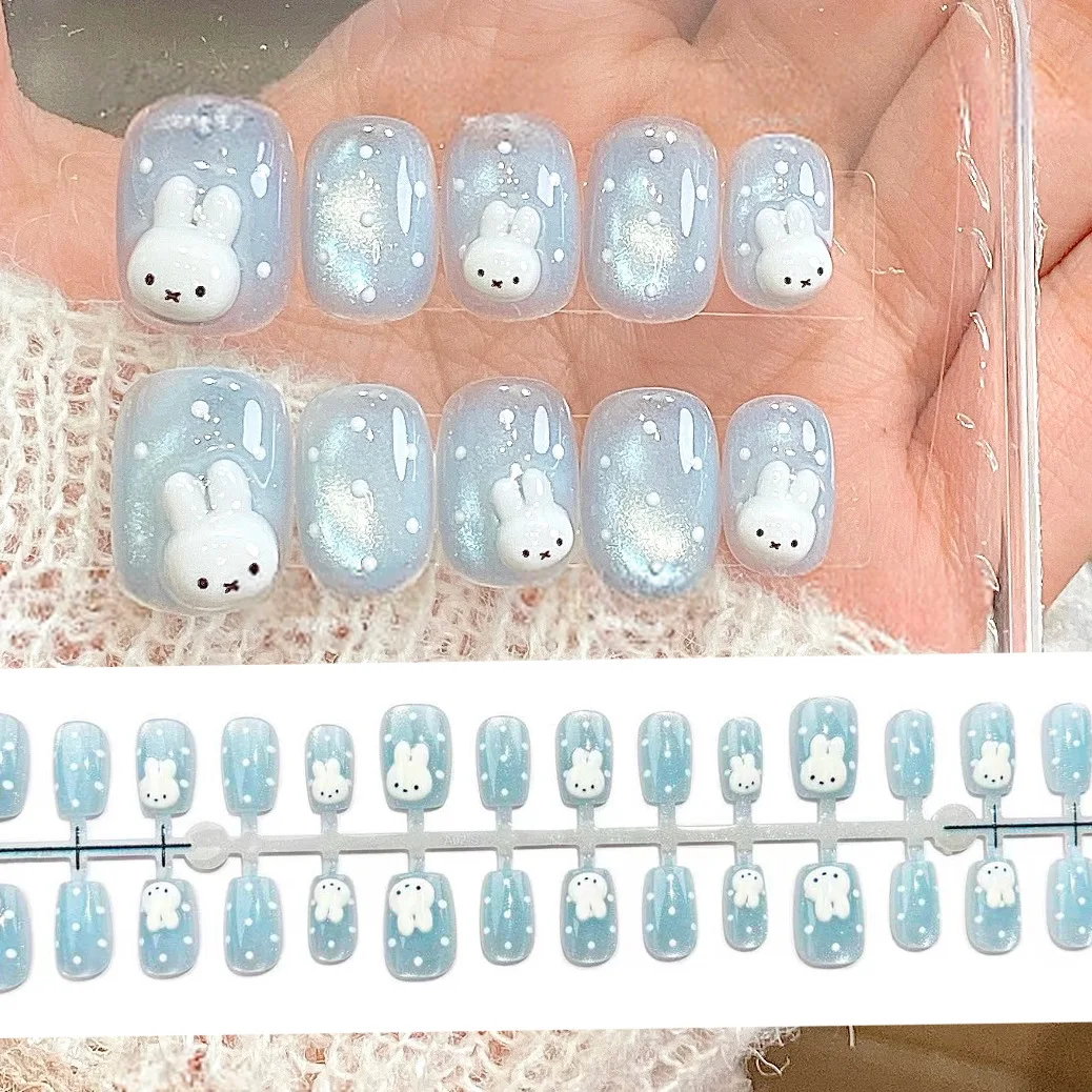 30 faux ongles carrés bleu clair effet œil de chat, décorations 3D lapin blanc et paillettes neige, à presser, courts et portables pour femmes