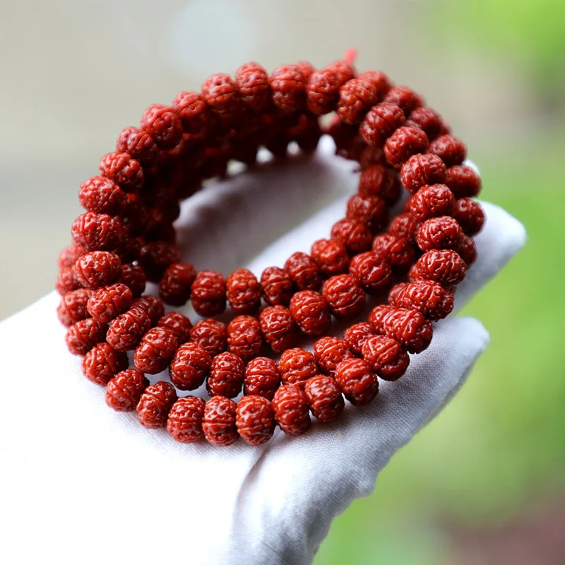 9Mm-Brushed, Patina-Treated, Jade-Like, Small , Full-Bodied, Oxford Red Vajra Bodhi Beads, Bracelet