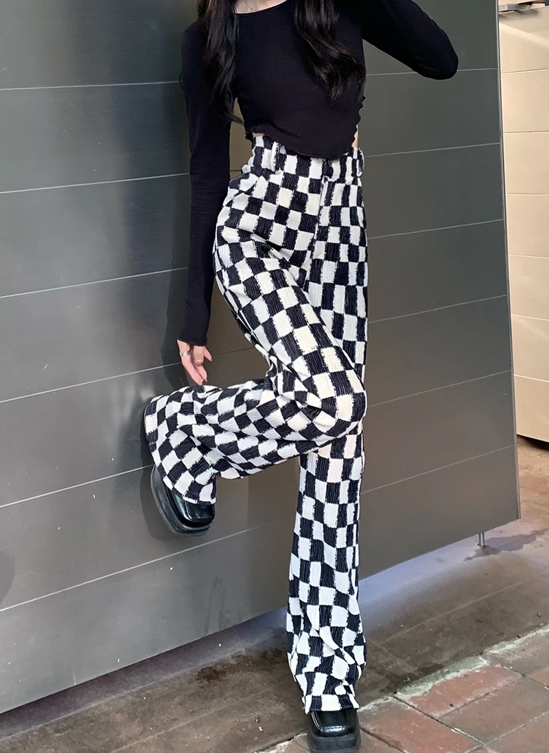 

High Waist Casual Versatile Contrast Plaid Pants 2022 Spring Design Korean Style Sports Straight Pants Trousers Women