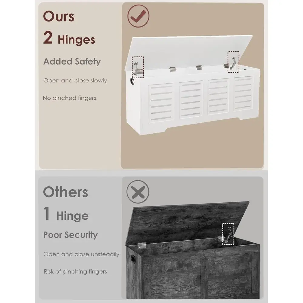 Grande cassapanca portaoggetti in legno con cerniere di sicurezza, panca portaoggetti retrò per scarpe, ribaltabile, soggiorno e camera da letto, facile montaggio, bianco