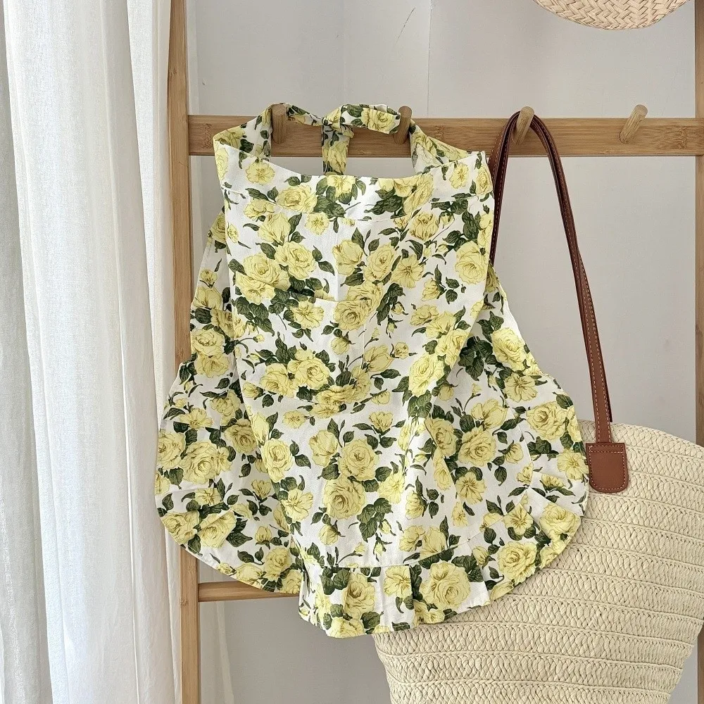 Durable Rose Flower Pattern Half Body Apron with Pocket Korean Style Work Apron Anti Fouling Cotton Apron For Kitchen