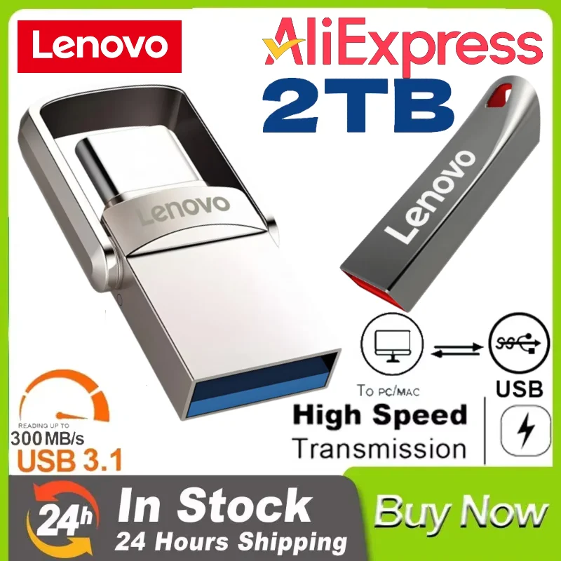 Original Lenovo 2TB Pendrive USB 3.1 Flash Drive Metal U Disk 2 IN 1 OTG 1024GB 128GB 512gb 1TB Pen Drives For Phone Computer