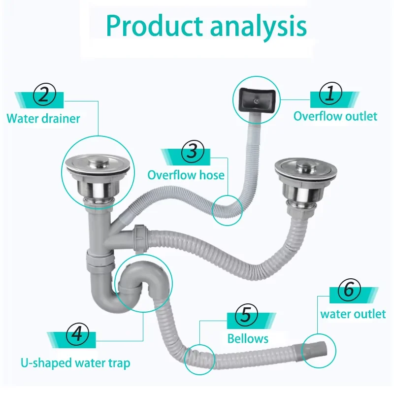 

Kitchen Sink Drainer Water Hose Set Stainless Steel Single-slot Double-slot Sink Drainer Filter Accessories Deodorant Drain Pipe