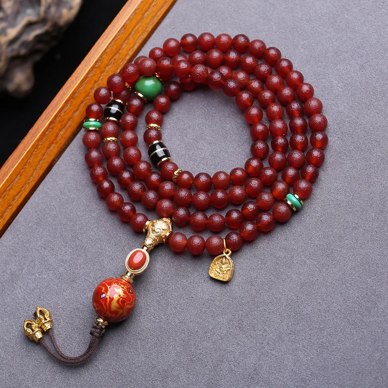 Natural South Red Agate 108-Bead Buddhist Prayer Sweater Chain With Large Lacquer Beads, Copper Three-Way Connector, And A
