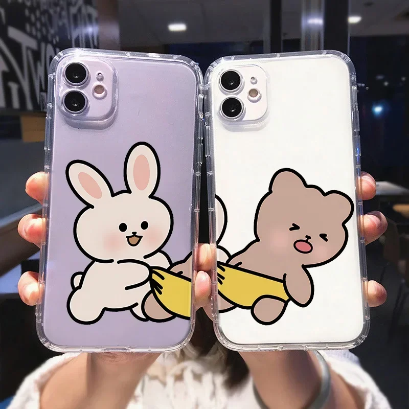 

Funny Rabbit Bear Pig Paired Couple Phone Case For iPhone 16 15 12 11 13 14 Pro Max Mini XS X 7 8 Plus SE 16E Shockproof Cover
