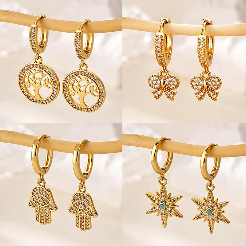 Baum des Lebens Sternenförmige Ohrringe für Frauen 18K Vergoldete Schleife Fatima-Hände Hängende Tropfenohrringe Modeschmuck Geschenke