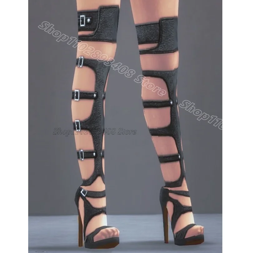 

Gray Hollow Belt Buckle Sandal Boots Open Toe British Style Summer Sexy Fashion Party Women Over Knee Boots Zapatos Para Mujere