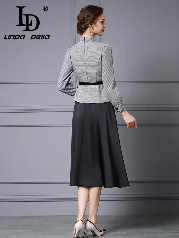 Ld linda della design feminino de alta qualidade gola manga comprida cetim retalhos falso vestido de duas peças com faixas de cintura alta