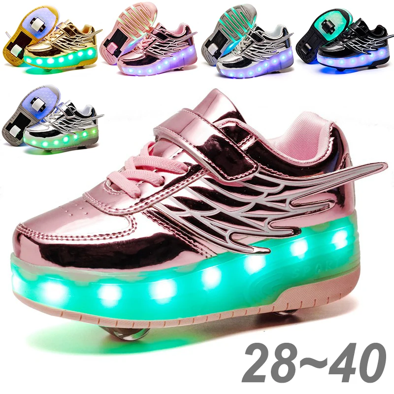 Baskets lumineuses à roulettes pour enfants, chaussures à roulettes lumineuses, noir clair, rose, Led, chargeur USB, nouveau, 1/2