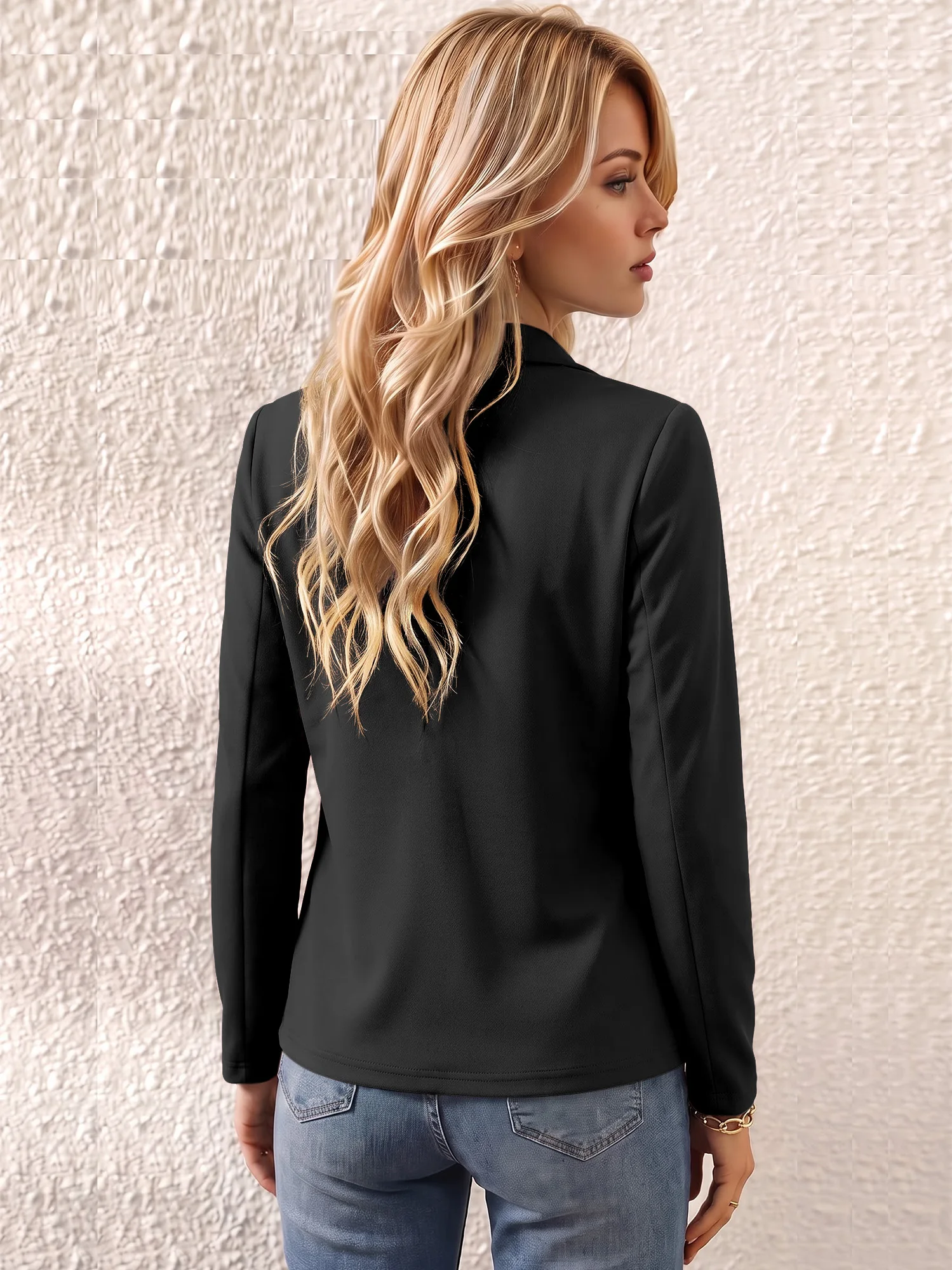 Elegant Women Mandarin Collar Open Front Jacket Long Sleeve Solid Slim Commuter Blazer