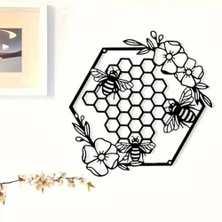 HelloYoung Wall Art Farmhouse Honeycomb With Flowers Metal Wall Decor Hanging For Living Room Garden Bedroom Office Home Wall