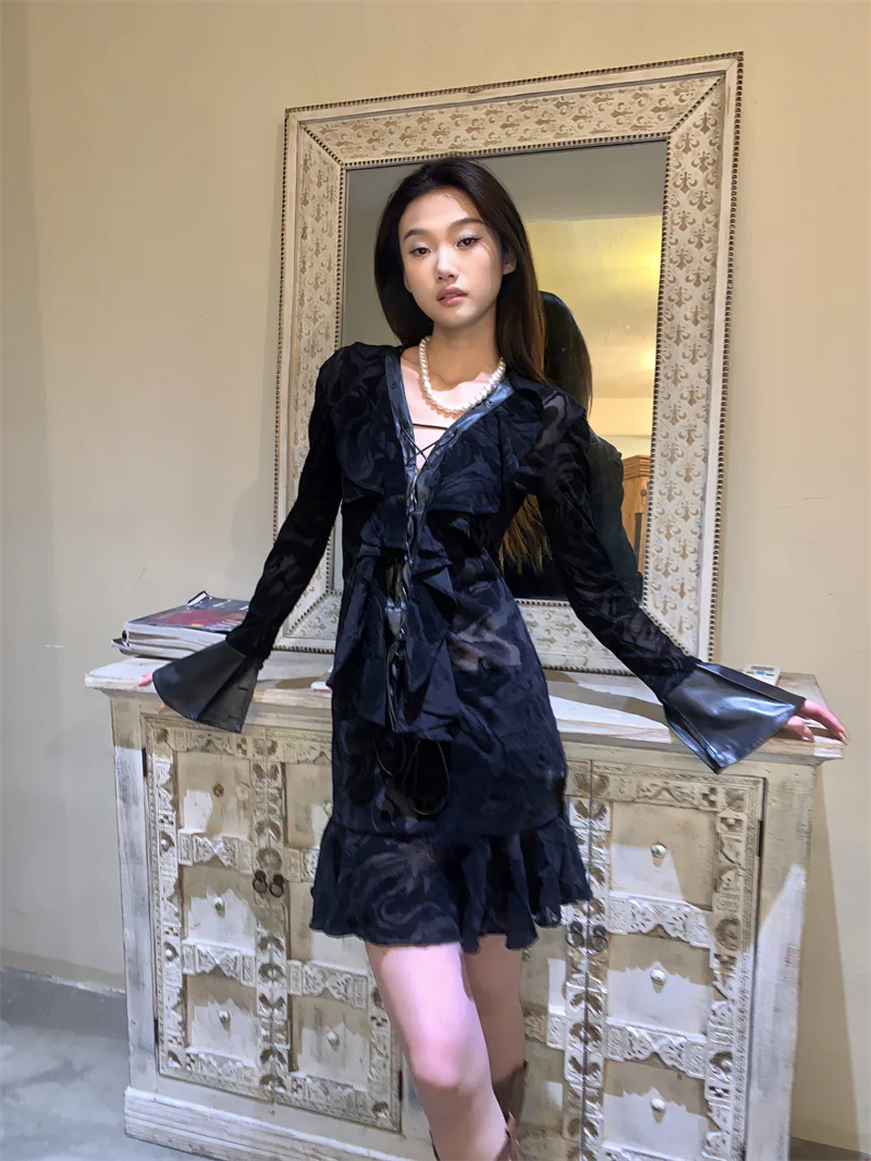 CHEERART Y2k Fashion Bandage Leather Patchwork Long Sleeve Dress Fall Clothes 2024 Women Flare Sleeve Ruffles Mini Ladies Dress