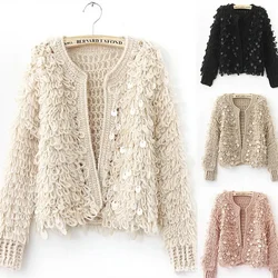 Woman Sequins Mohair Hollow Knitted Cardigan Sweater Tassels Jacket Sequined Fashion Short Coat Open Stitch Streetwear