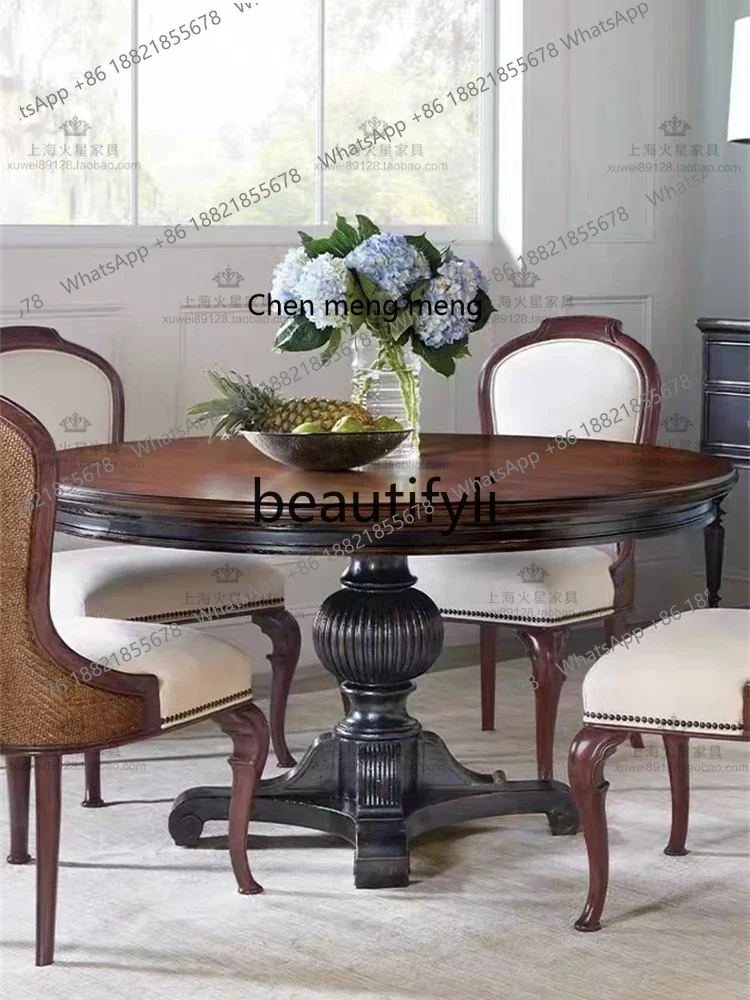 

American retro solid wood black round dining table and chair combination French simple small apartment, dining table2936