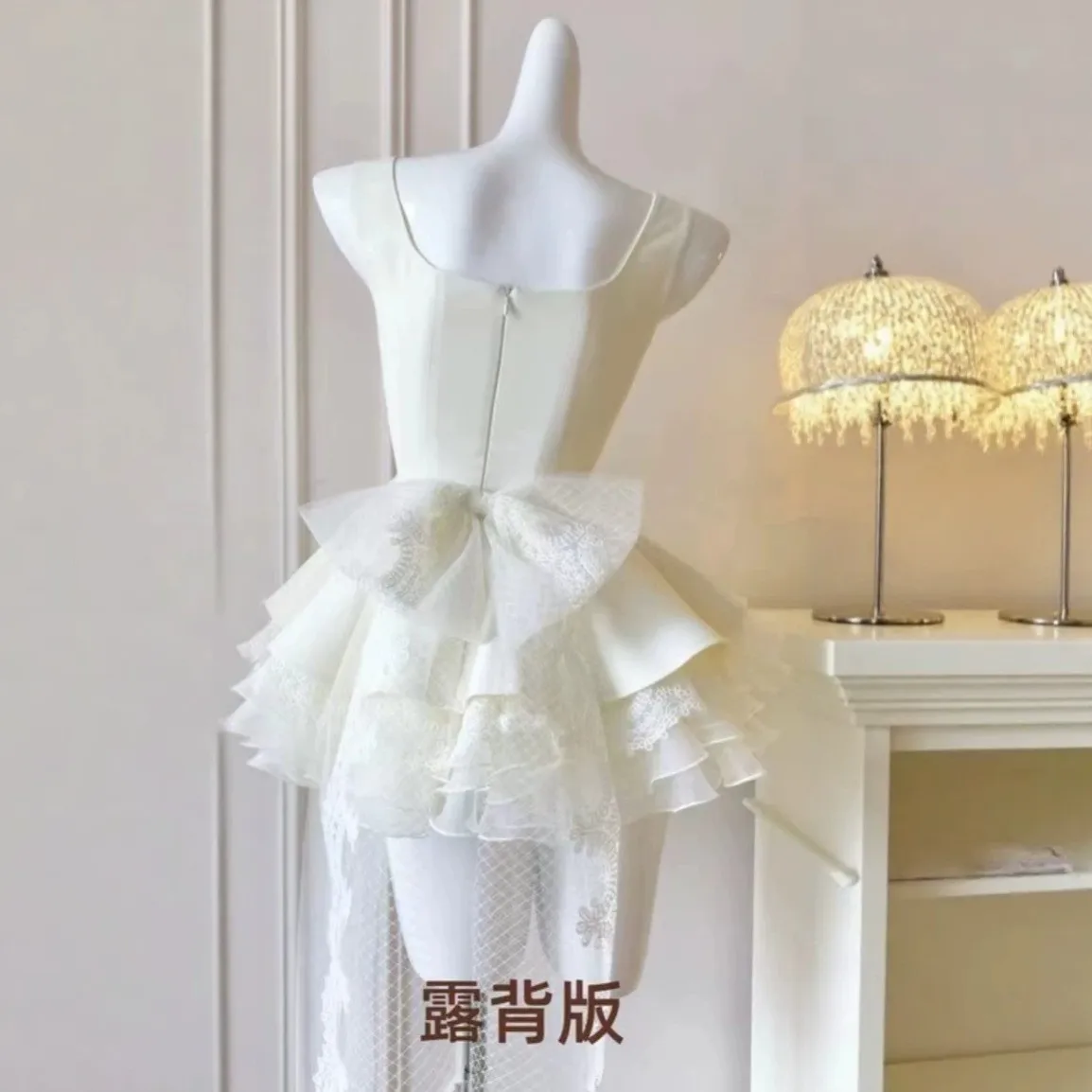 Sweet Fairy Short Dress White Square Collar Sleeveless Waist Multi-Layer Cake Style Dresses Party Princess Style Puffy Gown