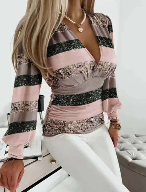 

Women's Urban Style Blouses 2024 Spring Summer Latest Long Sleeved Fashion V-Neck Printed Shirt Bubble Sleeves Temperament Tops