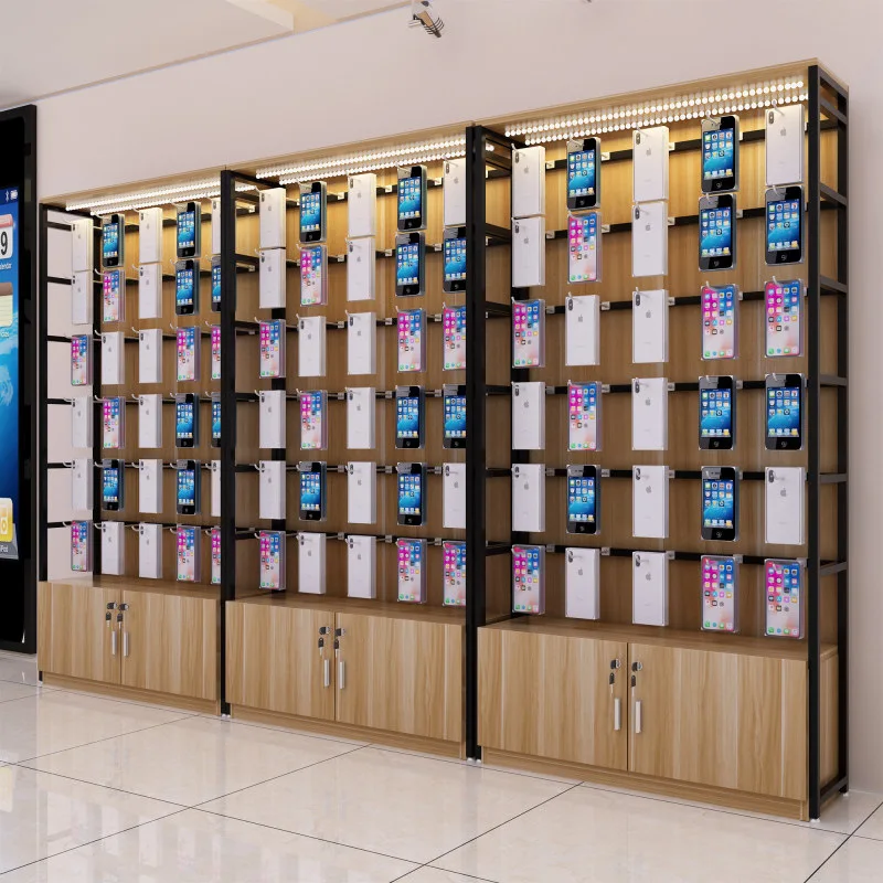 custom，Customized Cell Phone Shop Display Shelves Cabinet With Hooks And Metal Wood Stand Cabinet