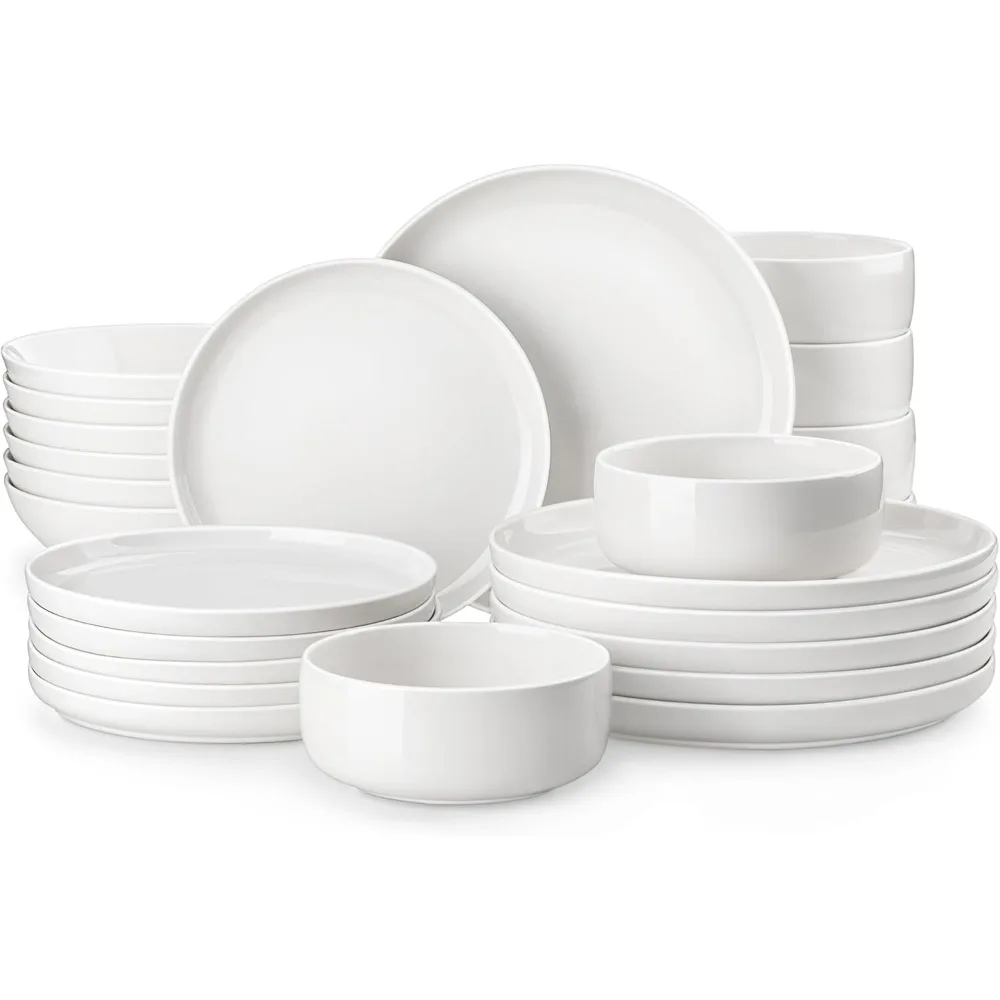 

Plates and Bowls Sets, 24 Pieces Modern Porcelain Dinnerware Set for 6 Ceramic Dishware Dishes White