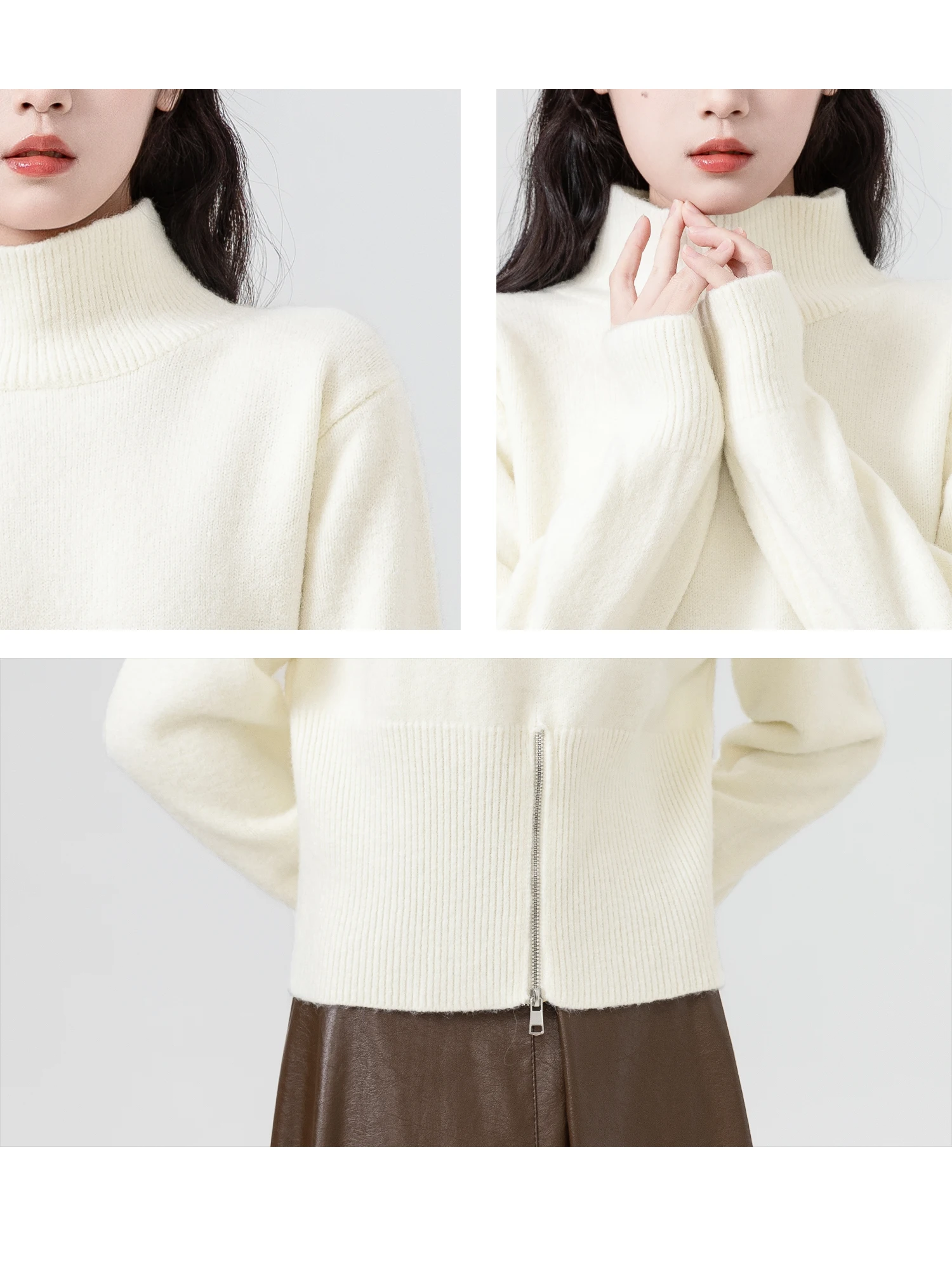 Short White High Collar Sweater For Women Spring Autumn New Style Gentle Wind Zipper Fork Design Soft Knitted Sweater Small Top