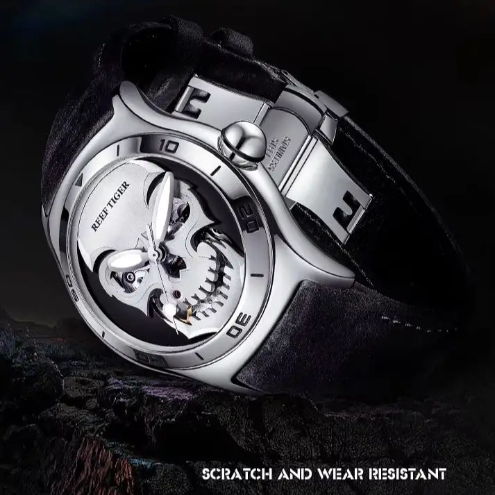 

Reef Tiger Men Automatic Watch 44mm Mechanical Wristwatch Bubble Mirror Skeleton Skull Dial Leather Strap