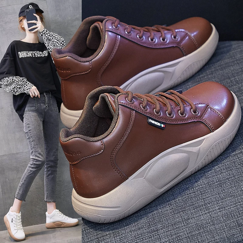 Sports Shoes with Platform for Women High Top Genuine Leather White Shoes Flat Sole Shoes Women Fashion Women Autumn Sneakers