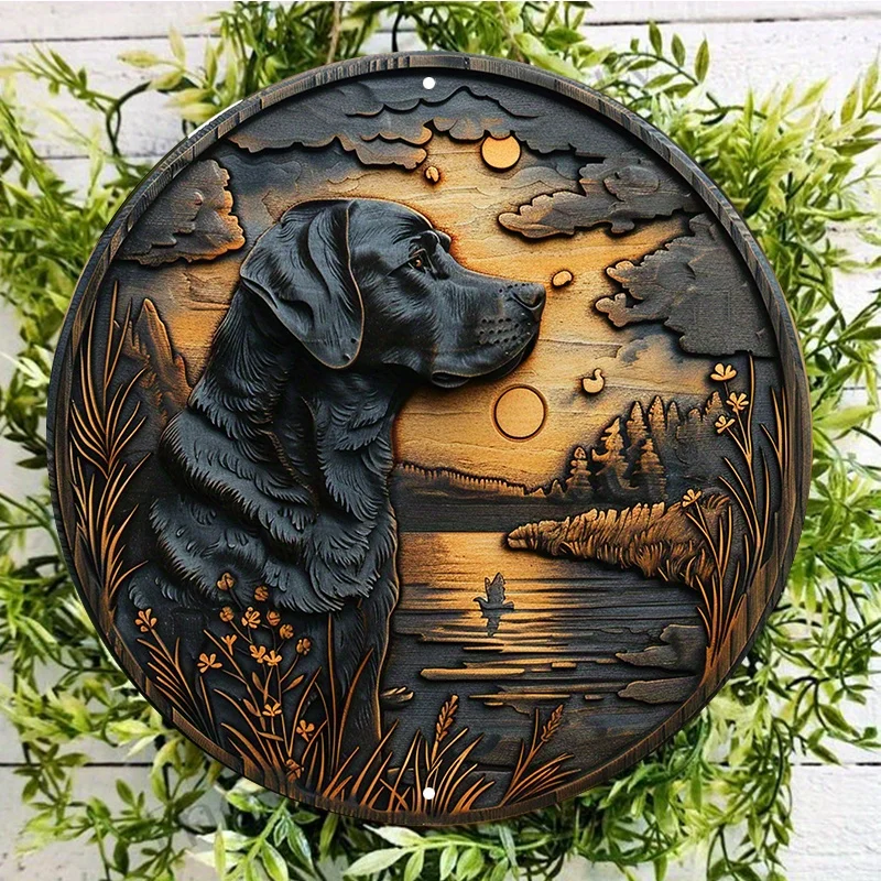 Round Aluminum Labrador Retriever Wall Decor, Weather Resistant Metal Sign, Dog Silhouette Print, Outdoor and Indoor Hanging Art