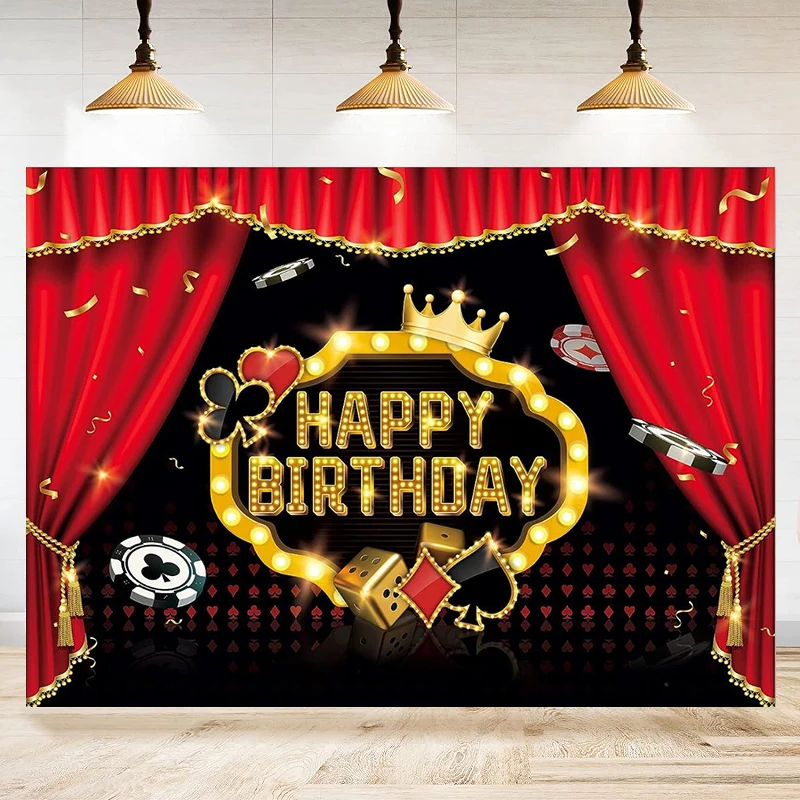 toile-de-fond-de-photographie-de-casino-de-des-de-cartes-de-poker-fete-d'anniversaire-a-theme-nuit-heureuse-noir-rouge-lumiere-doree-banniere-cool