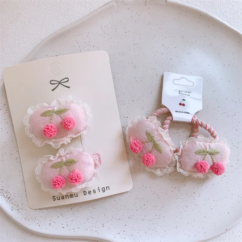 

Delicate Pink Lace Cherry Bow Hair Clips Matching Elastic Ties for Little Girl Side Bangs Baby Clips Ponytail Holders Daily Wear