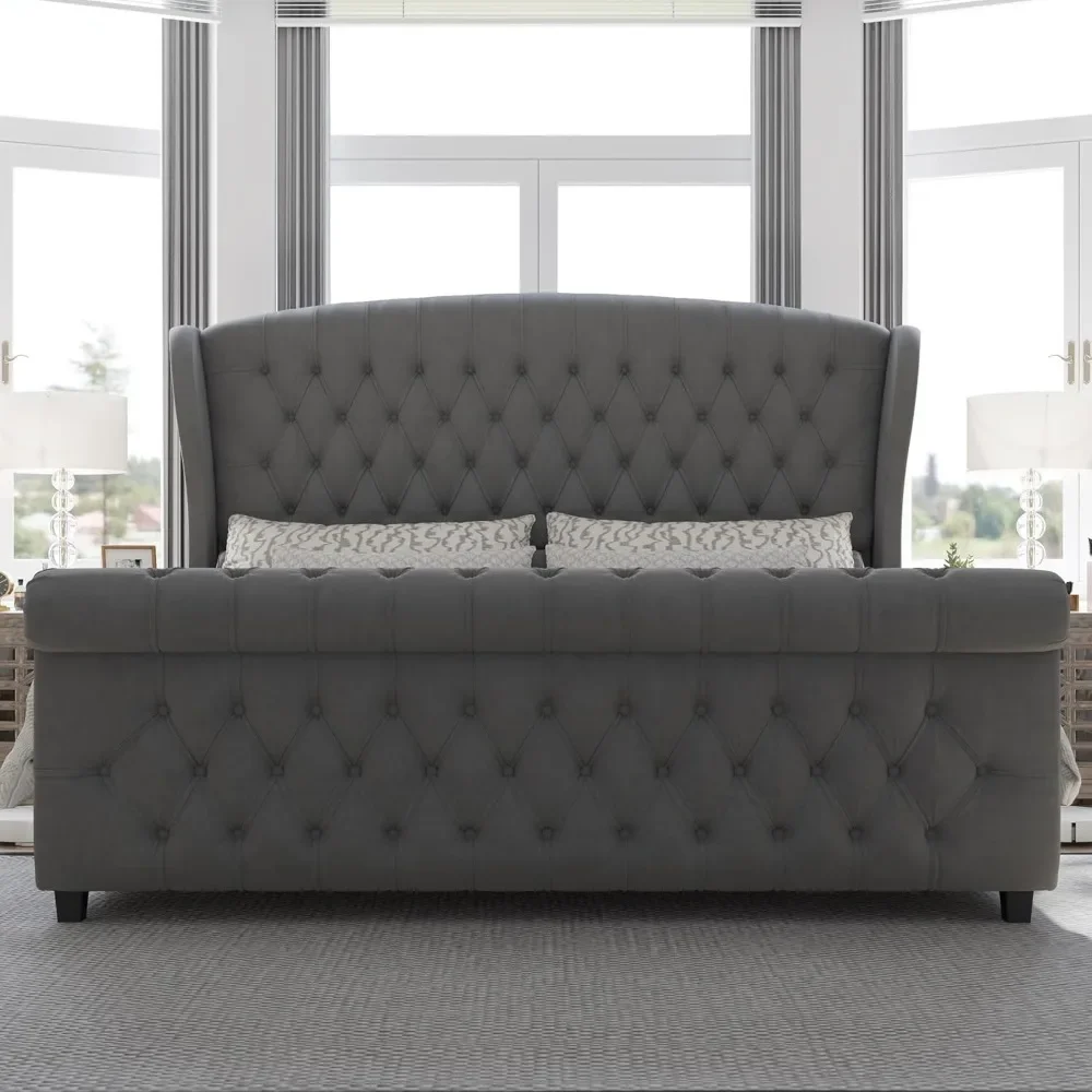 Platform Bed Frame, Chenille Upholstered Sleigh Bed with Scroll Wingback Headboard & Footboard/Button Tufted/No Box Spring