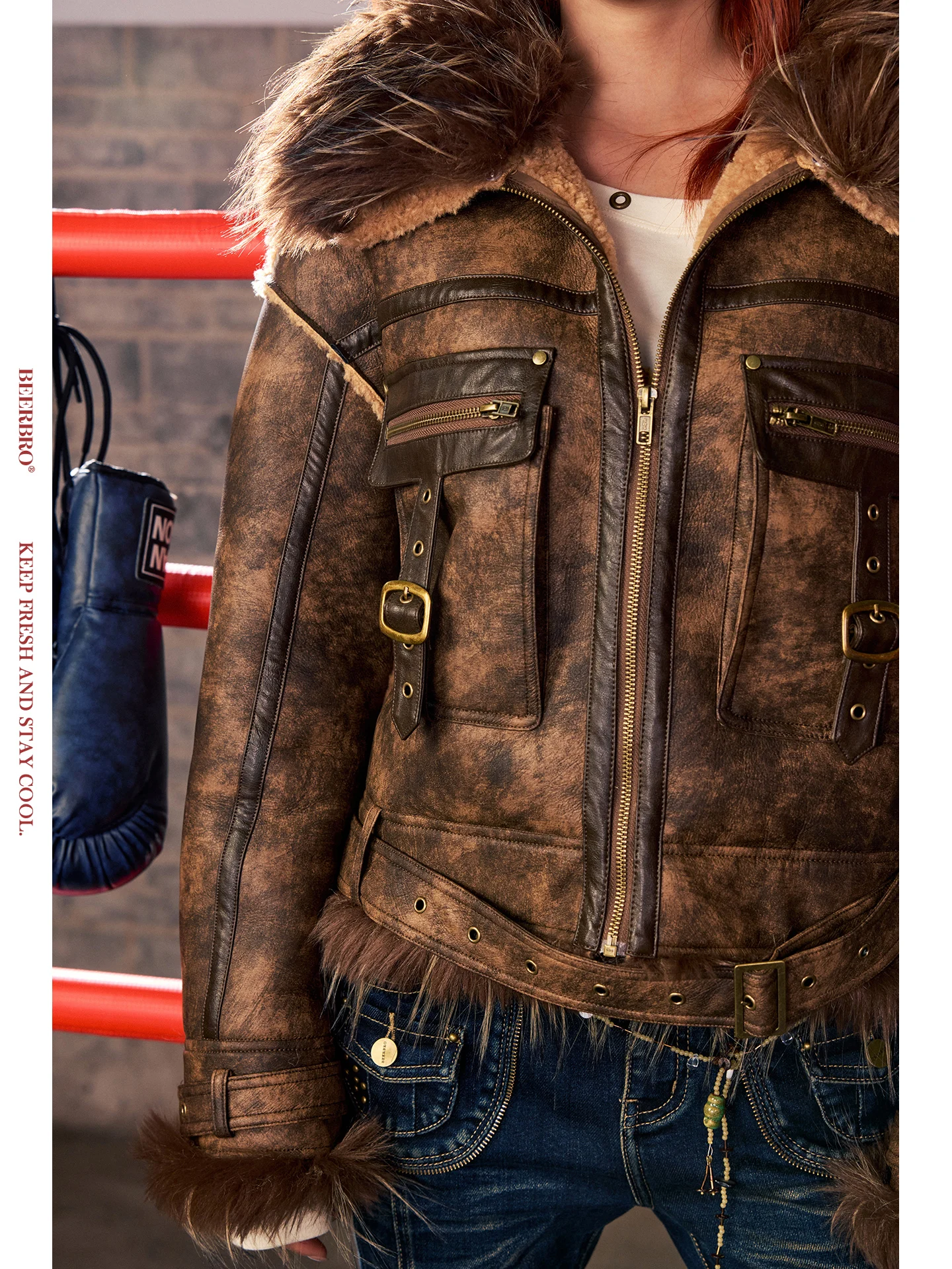 เสื้อโค้ทขนสัตว์สำหรับผู้หญิง BeerBro Violent Beau Dyeing Thiened ket Cosite Warmth  แบบอินเทรนด์  ทำจากหนังและโพลีเอสเตอร์