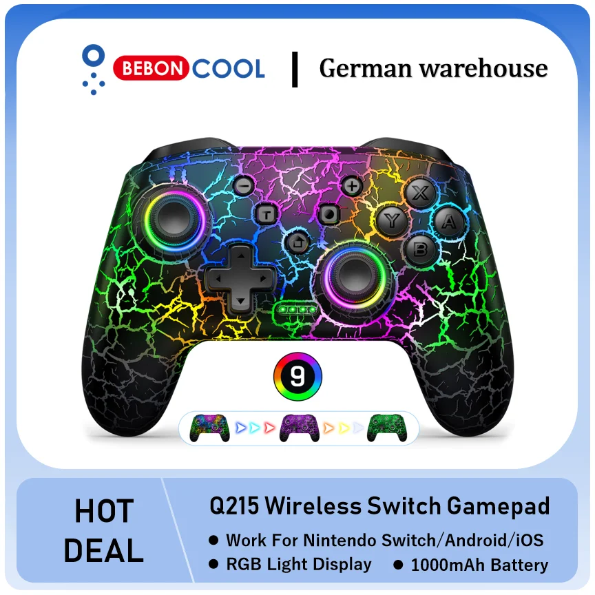 BEBONCOOL Q215 RGB Gamepad Wireless RGB Pro Controller, Compatible with Nintendo Switch Lite/Switch Oled/PC/iOS/Android