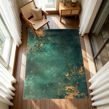 Teal Green Gold Foil Texture Abstract Square Carpet Non-Slip Floor Mat, Suitable for Living Room, Bedroom, Home Interior Decoration