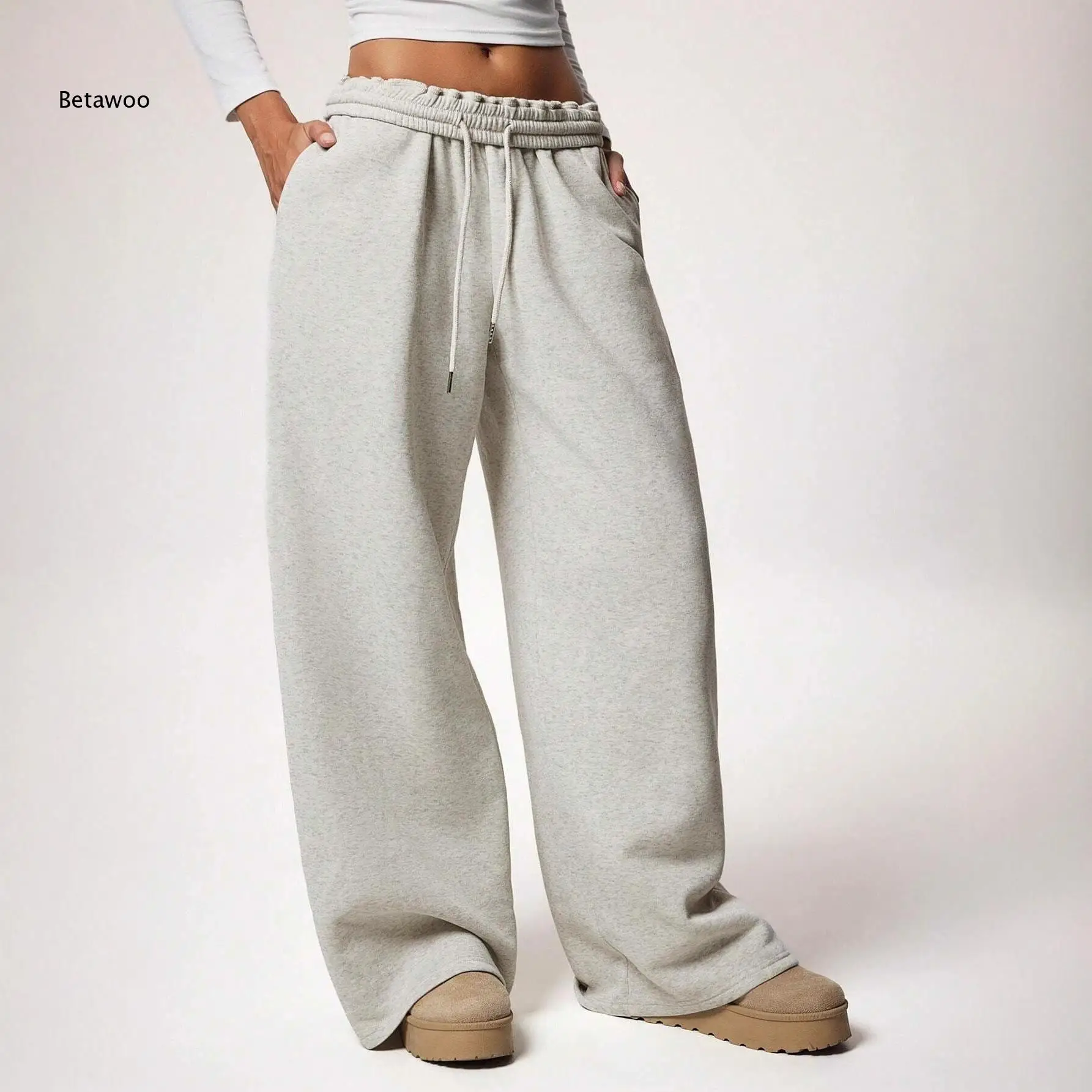 High Waist Drawstring Heather Gray Wide Leg Sweatpants