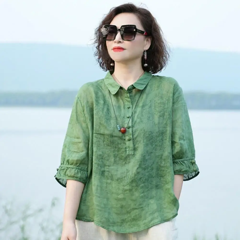 Camisa de mujer con botones de solapa, jersey de media manga con escote, Tops con estampado de Jacquard, camisa fina holgada de Color sólido, Tops de lino Harajuku