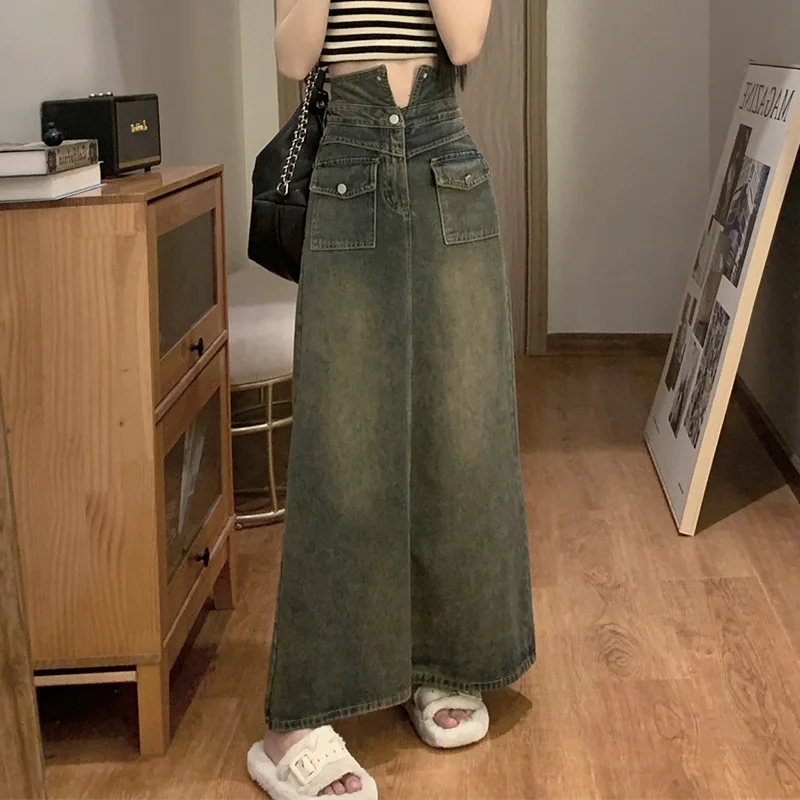 

New Women Spring Autumn Ankle-Length Denim Skirt Fashion Chic Split High Waist Hip Wrap Long Skirt Vintage Casual A-Line Skirt