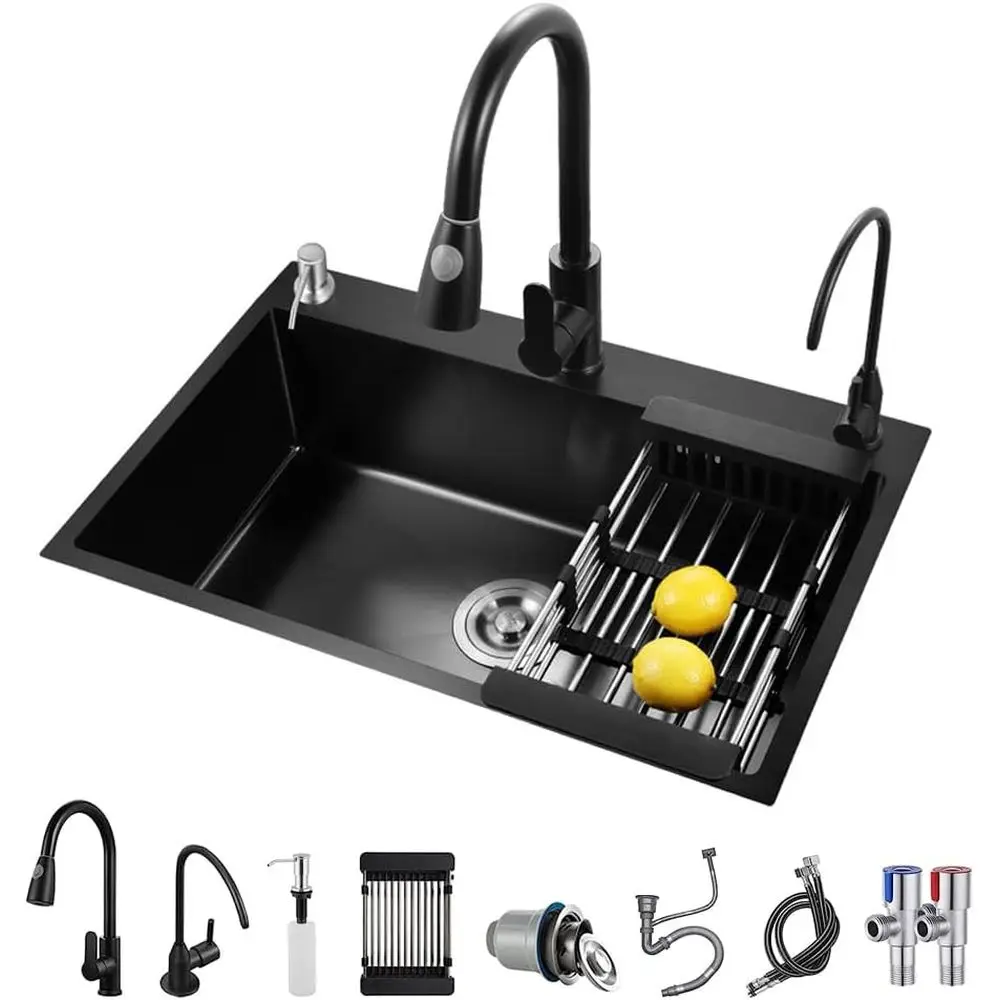 

19.7x17.7in Black 16 Gauge Stainless Steel Single Bowl Workstation Farmhouse Sink Drop In Topmount With Full Accessories