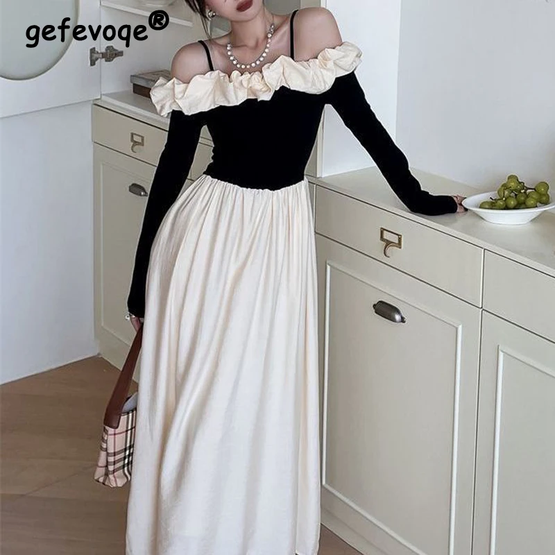 Women French Style Sweet Chic Ruffle Sexy Off Shoulder Spaghetti Strap Elegant Party Dresses Fashion Long Sleeve Slim Midi Dress