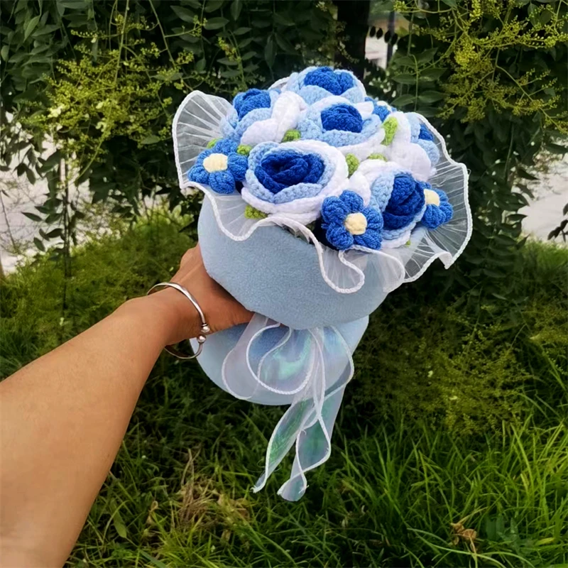 Artificial Pink Flower Roses Knitted Bouquet Handmade Yellow Blue Purple Bouquets Christmas Valentine Mothers' Day Birthday Gift