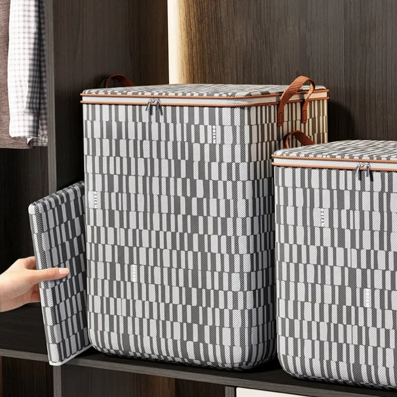 Lids Storage Houndstooth With Organizers Closet Handle Bag Bins Wardrobe Saving Quilt Bags Fabric Clothes Space Container