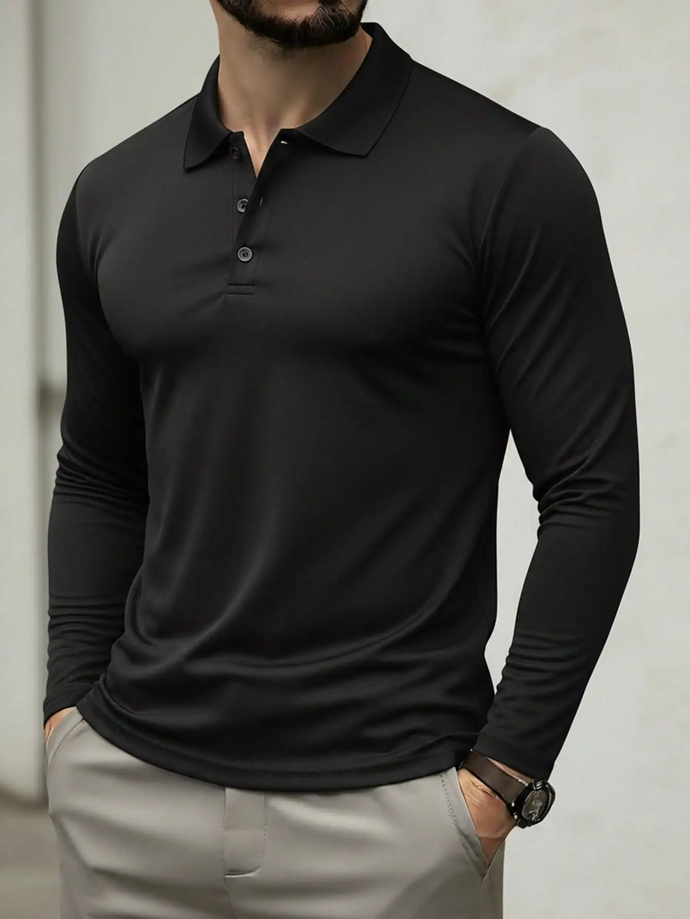 

Men's Long Sleeve Solid Color Slim Fit Polo Shirt for Casual Business Wear