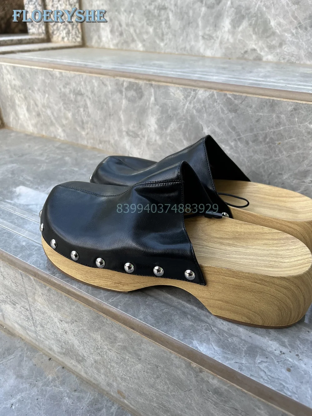 Wooden Soles Slippers Rome  Platform Rivet Summer Outside Women Mules Round Toe  Black Slip On Fashion 2024 New Arrival Concise